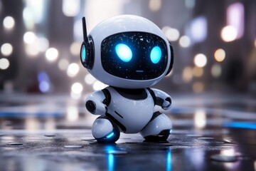 Leinwandbilder - Small robot with glowing blue eyes stands on a wet sidewalk in a busy urban environment at night