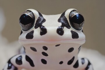 Poster - Black and white spotted frog perched against a neutral background in a close-up setting
