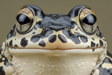 Poster - Close-up of a strikingly patterned frog with large expressive eyes and intricate facial details captured indoors
