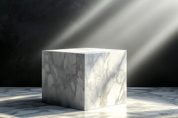 Poster - Elegant marble cube illuminated by soft rays of light in a minimalist environment