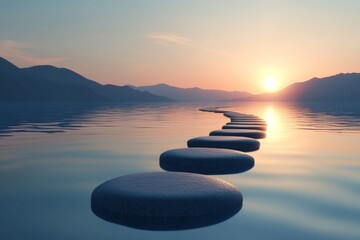 Poster - Serene sunset over calm water with stepping stones creating a path across a lake landscape