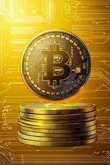 Poster - Stack of Digital Currency on a Golden, Circuit Board Technology Background. Virtual Money Concept.