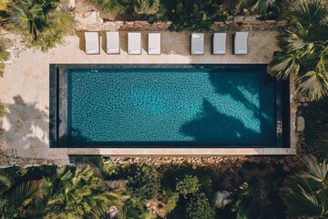 Poster - Serene outdoor swimming pool surrounded by lush greenery and sun loungers in a tranquil setting