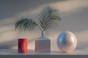 Poster - Still life composition featuring a vase with palm leaves, a sphere and a red marble cylinder against a wall illuminated by soft light and shadows.