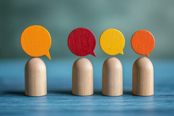 Poster - Colorful speech bubbles emerge from wooden figures representing communication and dialogue in a creative setting