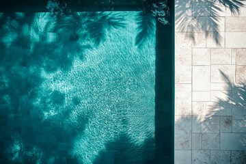 Poster - Crystal clear swimming pool reflecting sunlight with intricate patterns of shadow in a tropical setting