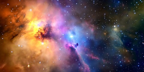 Wall Mural - Vivid nebula with orange gas clouds in starry cosmos. Blue star cluster with purple hues in deep space. Cosmic dust formation with bright celestial glow