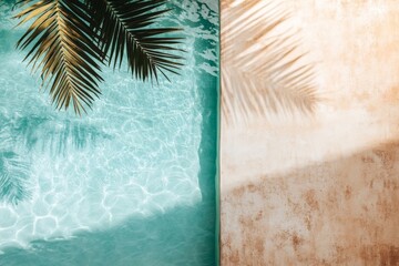 Poster - Relaxing by the turquoise water, palm leaves create natural patterns against the warm wall in a tropical setting