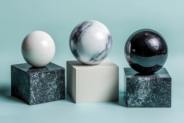 Poster - A minimalist arrangement of three spheres in white, marble, and black, each resting on a cubic pedestal with a soft pastel blue background, studio shot.