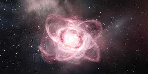 Wall Mural - Glowing nebula with pink gas clouds in deep space. Spiral cosmic structure with star field background. Distant galaxy with vibrant hues in astronomical view.