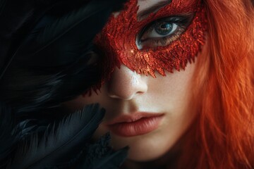 Leinwandbilder - Close-up view of a woman with vibrant red hair wearing an intricate masquerade mask with black feathers at an evening event