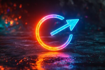 Poster - Dynamic neon circle with an arrow illuminated on a textured surface at night