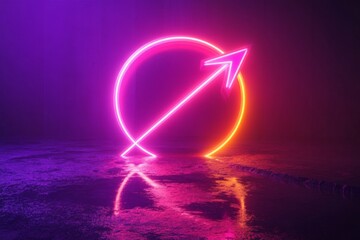 Aufkleber - Neon arrow and circle illuminated in vibrant hues against a wet surface in a dark environment