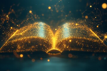 Poster - Golden book emitting light and energy in a dark space, symbolizing knowledge and creativity