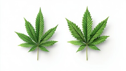Poster - Two isolated green cannabis leaves on a clean white background highlighting their unique shape and color contrast