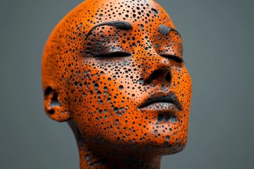 Aufkleber - Unique artistic expression showcased through vibrant orange and black dotted face sculpture in a minimalist setting