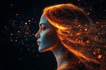 Aufkleber - Profile of a woman surrounded by glowing sparks during a nighttime artistic interpretation