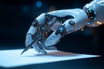Aufkleber - Robotic hand gracefully holding a pencil while writing notes on a white sheet in a futuristic setting