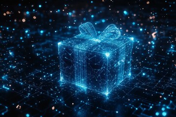 Aufkleber - Digital gift box surrounded by glowing particles in a futuristic setting at night showcasing advanced technology