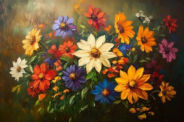 Poster - Colorful bouquet of flowers creates a vibrant display in a natural setting surrounded by greenery