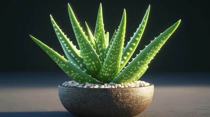 Poster - Realistic studio photo of an aloe vera plant thriving in a pot highlighting fresh green foliage against a neutral backdrop