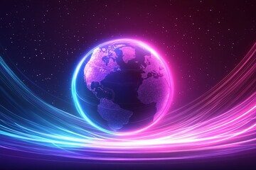 Poster - Colorful depiction of Earth surrounded by glowing waves in a cosmic background at night