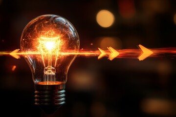 Aufkleber - Bright light bulb emitting radiant energy with glowing arrows in a dark background creating a vibrant visual effect