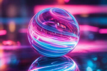 Poster - Colorful glass sphere with swirling neon lights on reflective surface at a nighttime event
