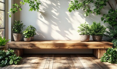 Aufkleber - Minimalist Wooden Display with Green Plants on White Background 3D Rendering