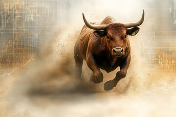 Poster - Bull charging through dust with a backdrop of financial market graphs