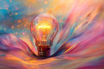 Poster - Colorful light bulb surrounded by swirling vibrant patterns and textures creates a dreamy atmosphere of creativity