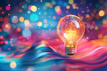 Poster - Colorful light bulb surrounded by vibrant bokeh and wavy patterns at night