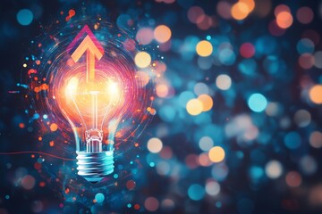 Aufkleber - Bright light bulb illuminated with vibrant colors and upward arrow symbolizing creativity and inspiration in a digital setting