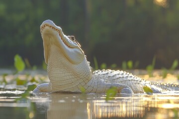 Poster - Crocodile emerging from water surrounded by lush greenery at sunset in a tranquil habitat setting