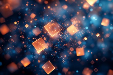 Aufkleber - Colorful glowing squares floating in a deep blue and orange abstract digital space