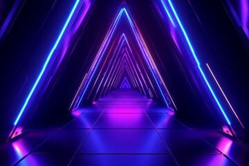 Poster - Vibrant neon tunnel showcasing geometric patterns and illuminating pathways in a futuristic setting