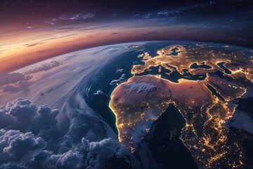 Wall Mural - peach twilight view of earth from above in space
