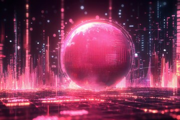 Poster - Digital landscape with a glowing pink globe amidst neon cityscape and vibrant data visualizations at night