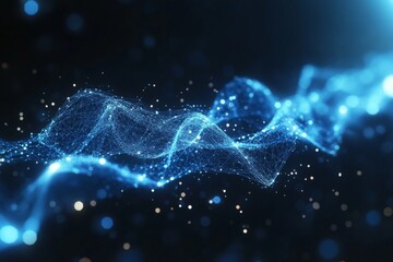 Leinwandbilder - Waves of vibrant blue light create a dynamic abstract visual in a dark environment with glowing particles