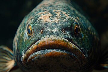 Poster - Close-up view of an expressive fish showcasing intricate textures and colors underwater in a natural habitat