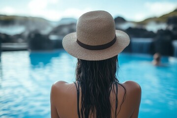 Poster - Relaxing at a tranquil resort pool on a sunny day with a straw hat and serene atmosphere