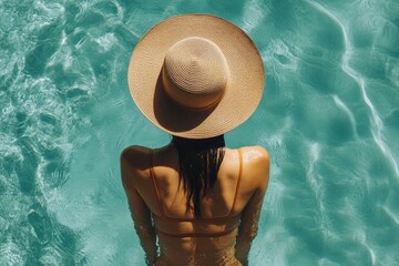 Poster - Woman enjoys a relaxing moment in a clear blue pool while wearing a large sun hat during a sunny day