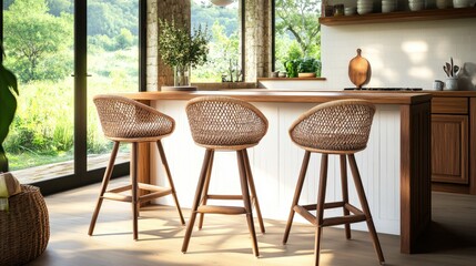 Poster - Cozy kitchen with two stylish wicker bar stools creating a warm and inviting atmosphere for casual dining experience