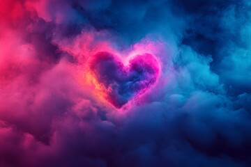 Poster - Colorful heart shape emerges from vibrant clouds during a surreal sunset sky