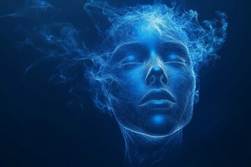 Poster - Ethereal blue portrait of a serene figure surrounded by wisps of vapor at dusk