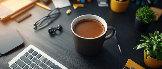 Poster - Cozy work desk featuring a coffee cup and essential accessories for a productive day filled with creativity and inspiration