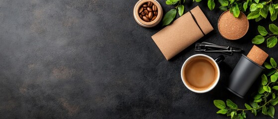 Poster - Inviting work desk scene with a cup of coffee and box of coffee for a productive atmosphere filled with inspiration