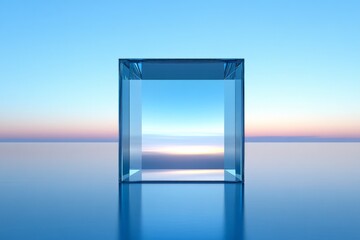 Poster - Translucent cube reflects serene horizon at sunset over calm water in a tranquil setting