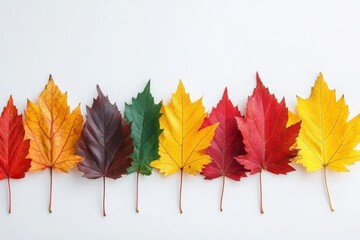 Aufkleber - Colorful autumn leaves arranged in a line against a white background showcasing seasonal beauty and nature's artistry