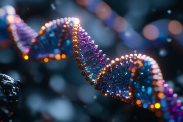 Aufkleber - Colorful representation of a DNA double helix structure illuminated in a dark environment showcasing genetic patterns and sequences